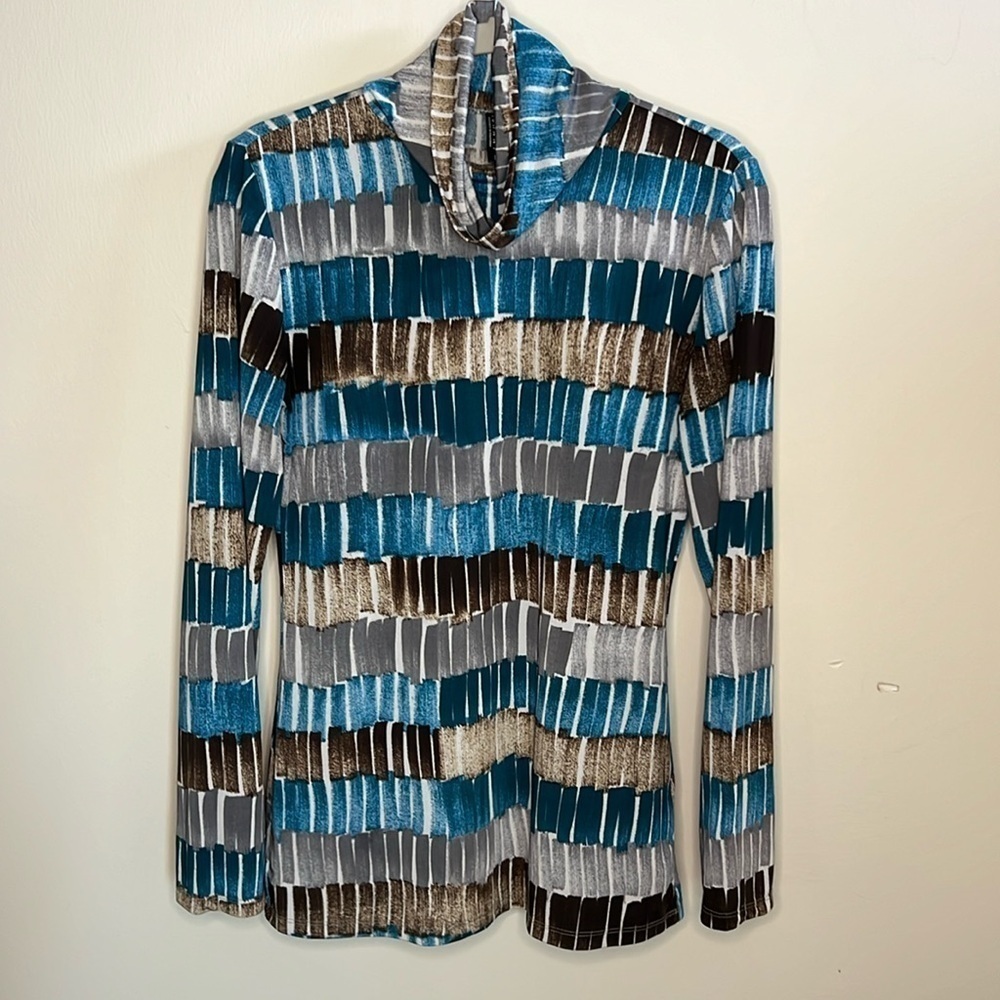 BY JOHNNY LARGE COWL NECK BROWN GRAY & BLUE LONG SLEEVED TOP